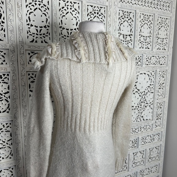 Cynthia Rowley Wool Blend Neutral Faux Fur Collar Belted Cardigan Sz Small - Picture 8 of 9